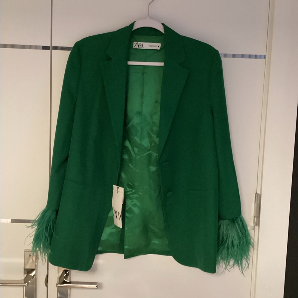 Zara Emerald Green Feather Cuff Blazer